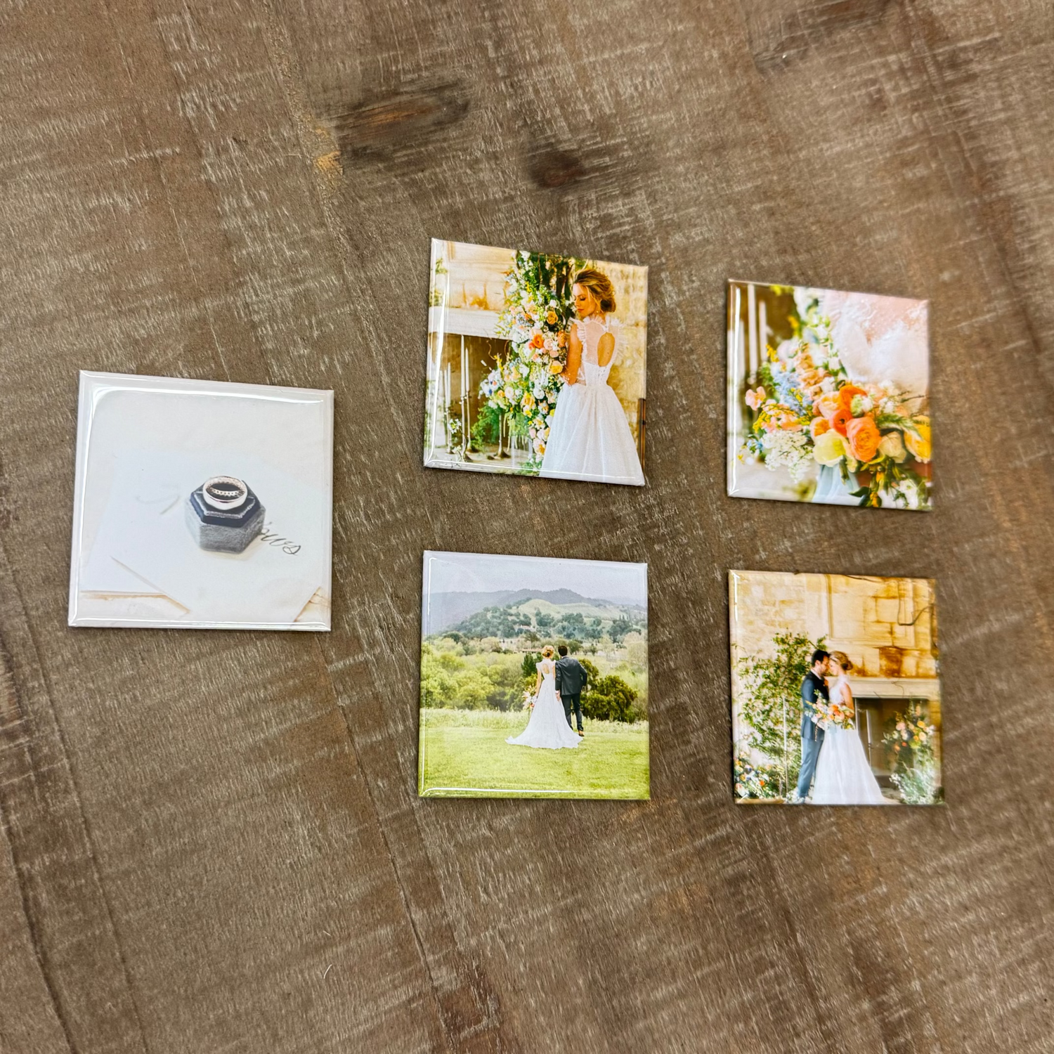 5 magnets in a wedding theme on a wooden background