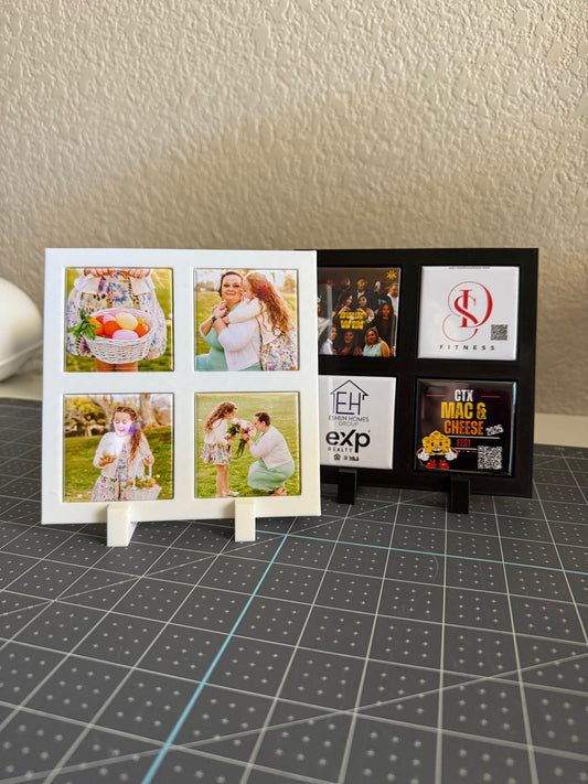 Collage of family photos on a white frame with a black photo frame displaying various magnets.